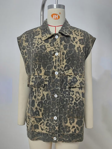 Washed Denim New Loose Leopard Print Vest Waistcoat Women