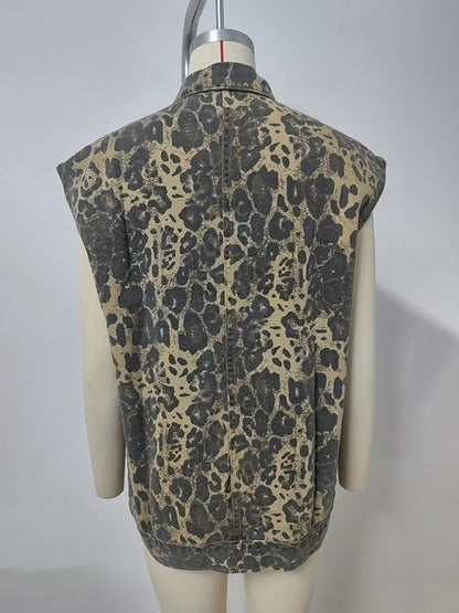 Washed Denim New Loose Leopard Print Vest Waistcoat Women