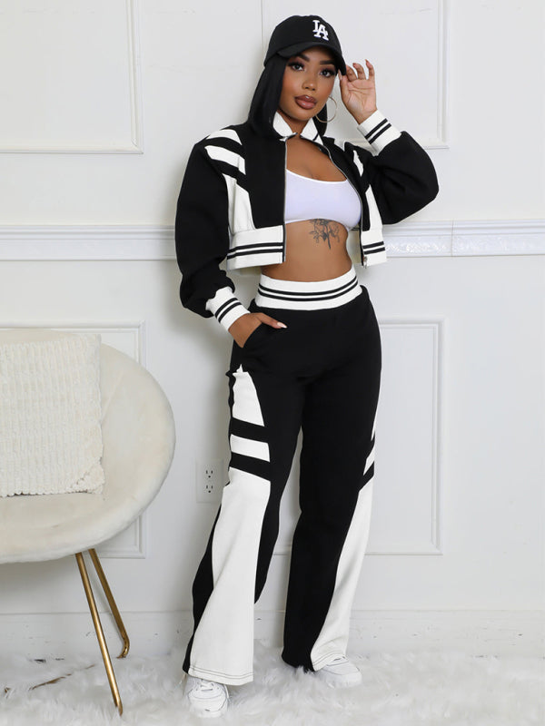 Color Block Stitching Contrast Wide Leg Flared Pants Set