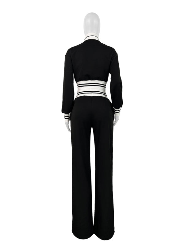 Color Block Stitching Contrast Wide Leg Flared Pants Set