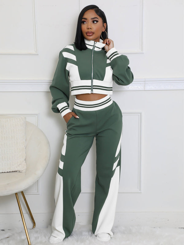 Color Block Stitching Contrast Wide Leg Flared Pants Set