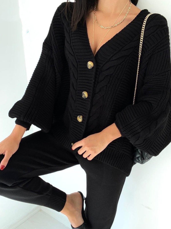 Women's Fashion V-neck Solid Color Suit Sweater Knitted Pants