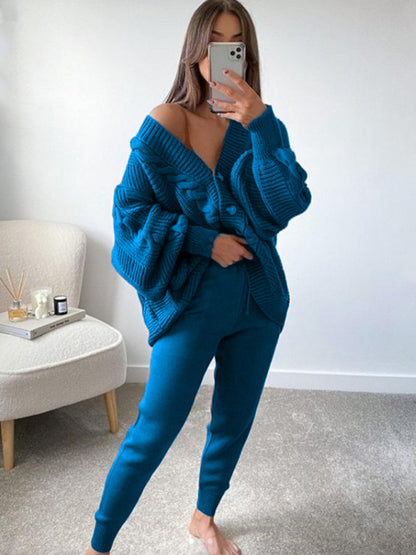 Women's Fashion V-neck Solid Color Suit Sweater Knitted Pants