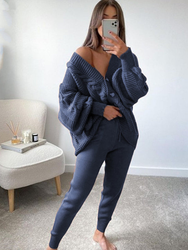 Women's Fashion V-neck Solid Color Suit Sweater Knitted Pants