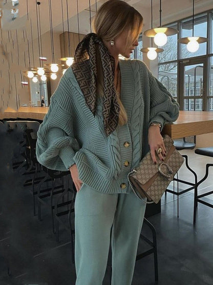 Women's Fashion V-neck Solid Color Suit Sweater Knitted Pants