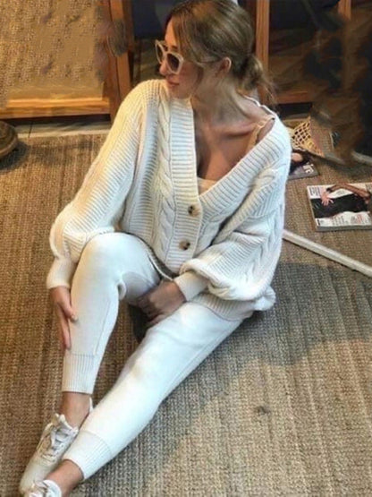 Women's Fashion V-neck Solid Color Suit Sweater Knitted Pants