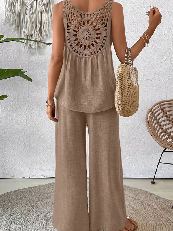 Solid Color Back Hollow Lace Suit Casual Two-Piece Suit