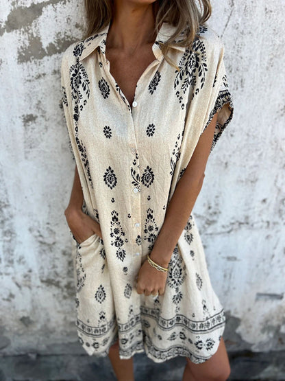 Women's Loose Casual Short Sleeve Cotton Linen Pocket Dress
