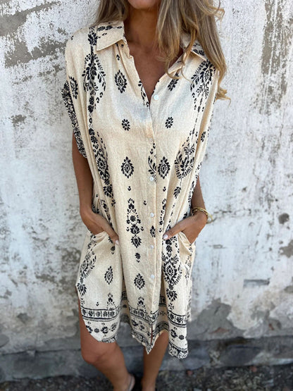 Women's Loose Casual Short Sleeve Cotton Linen Pocket Dress