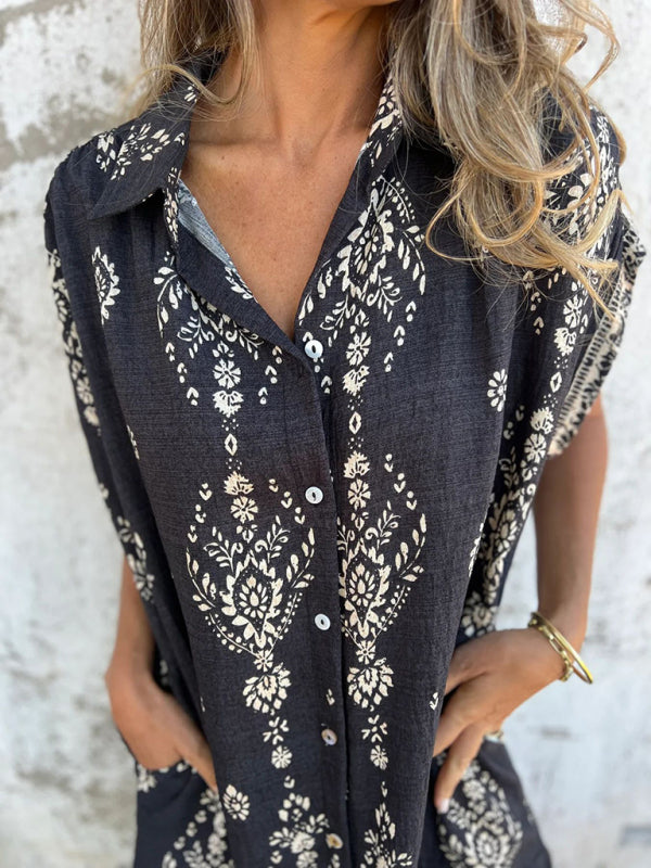Women's Loose Casual Short Sleeve Cotton Linen Pocket Dress