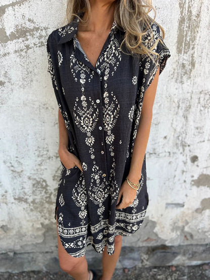 Women's Loose Casual Short Sleeve Cotton Linen Pocket Dress