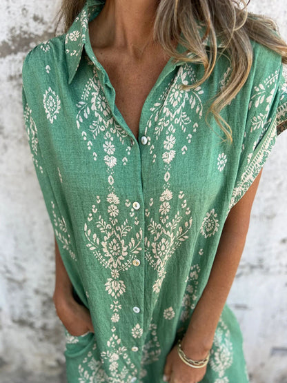 Women's Loose Casual Short Sleeve Cotton Linen Pocket Dress