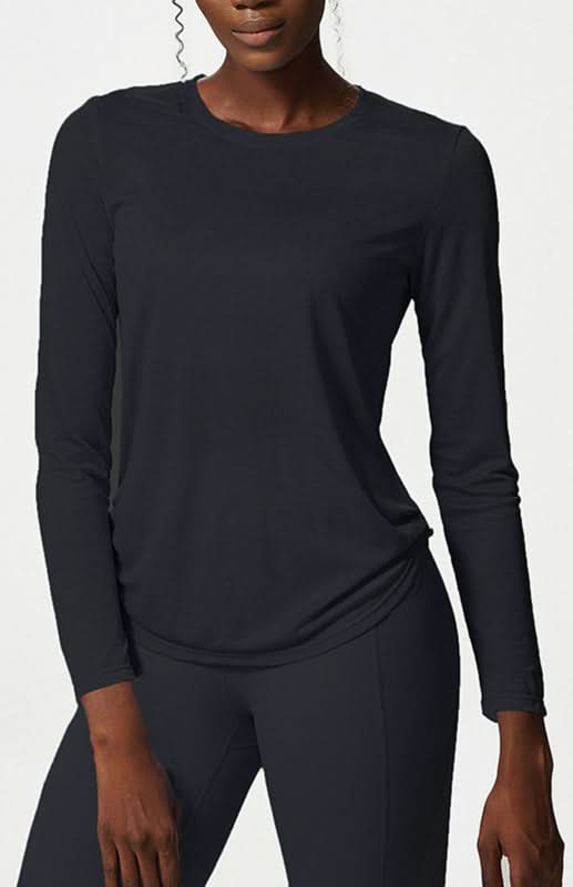 Women's Round Neck Curved Hem Long Sleeve Sports Top Quick Dry Breathable Yoga Cover Up