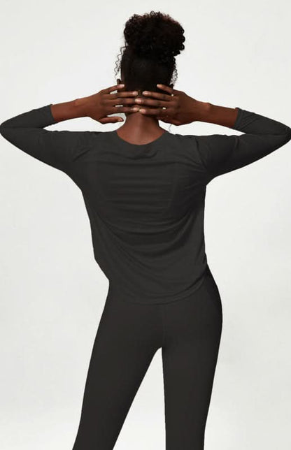 Women's Round Neck Curved Hem Long Sleeve Sports Top Quick Dry Breathable Yoga Cover Up