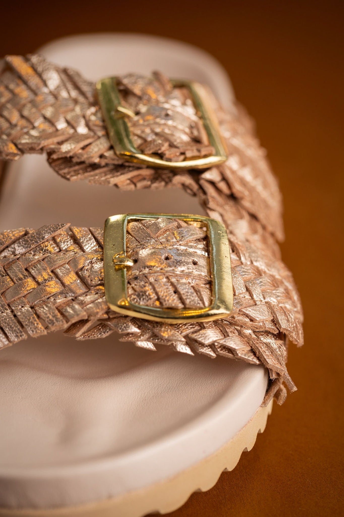 Intertwine Dual Strap Slide Champagne Woven Leather Sandal Naughty Monkey