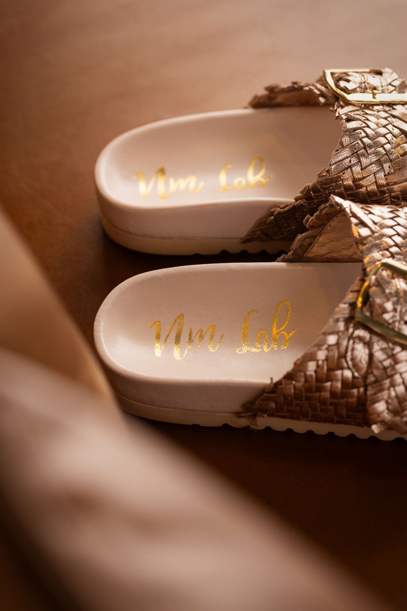 Intertwine Dual Strap Slide Champagne Woven Leather Sandal Naughty Monkey