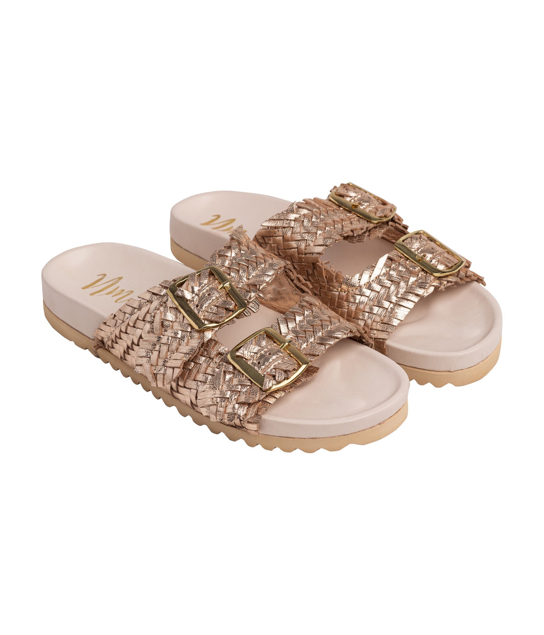 Intertwine Dual Strap Slide Champagne Woven Leather Sandal Naughty Monkey