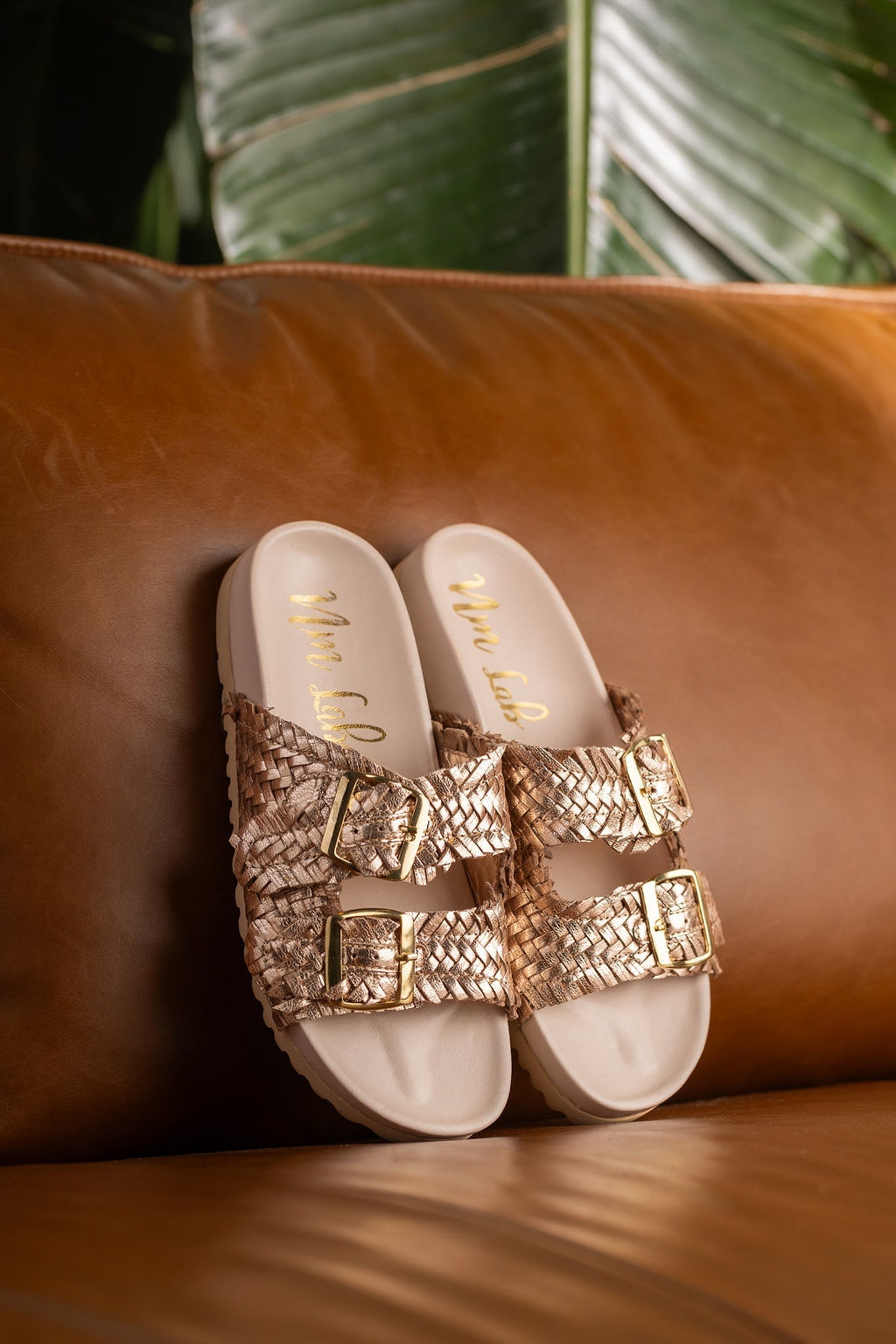 Intertwine Dual Strap Slide Champagne Woven Leather Sandal Naughty Monkey