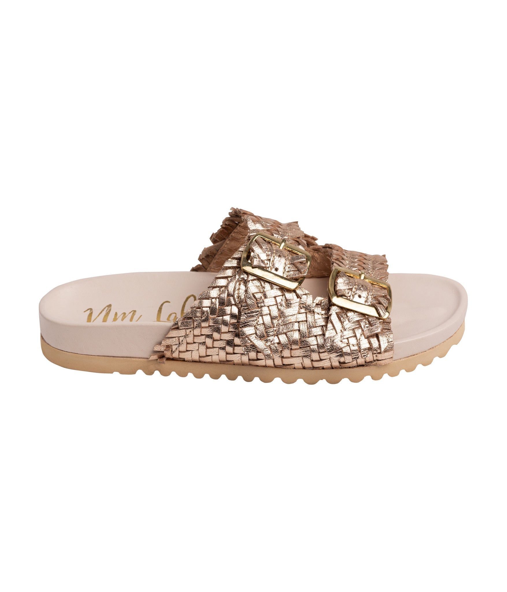 Intertwine Dual Strap Slide Champagne Woven Leather Sandal Naughty Monkey