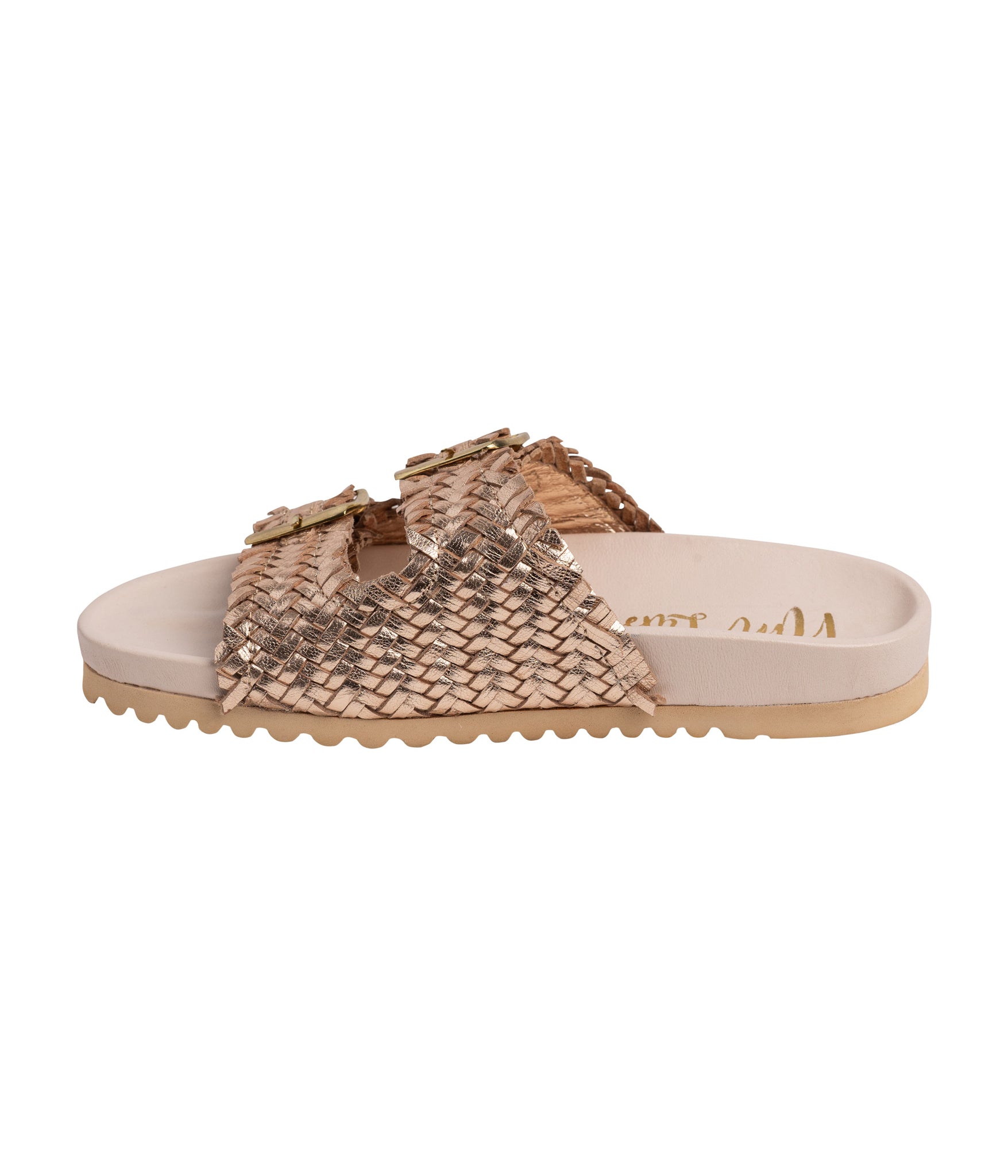 Intertwine Dual Strap Slide Champagne Woven Leather Sandal Naughty Monkey