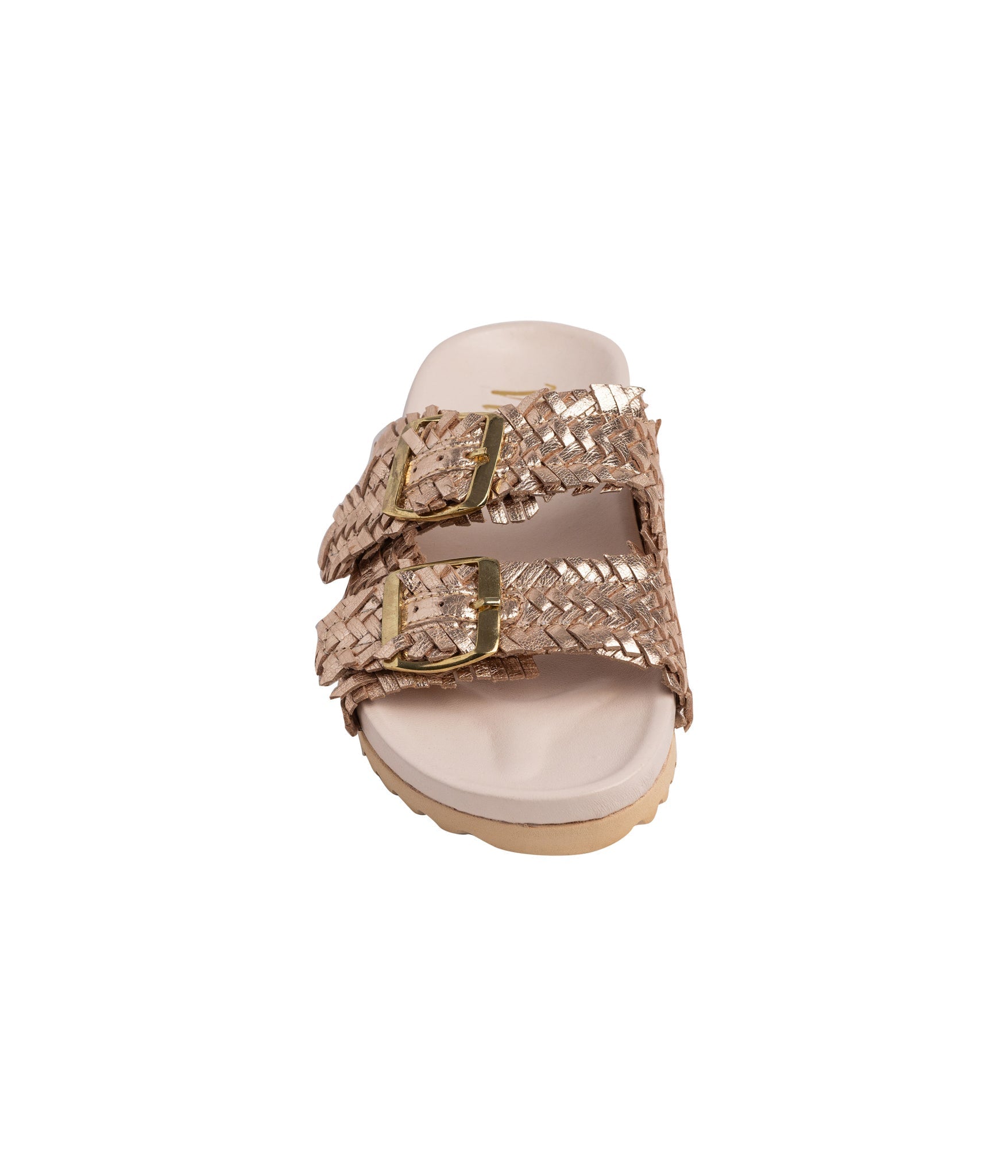 Intertwine Dual Strap Slide Champagne Woven Leather Sandal Naughty Monkey