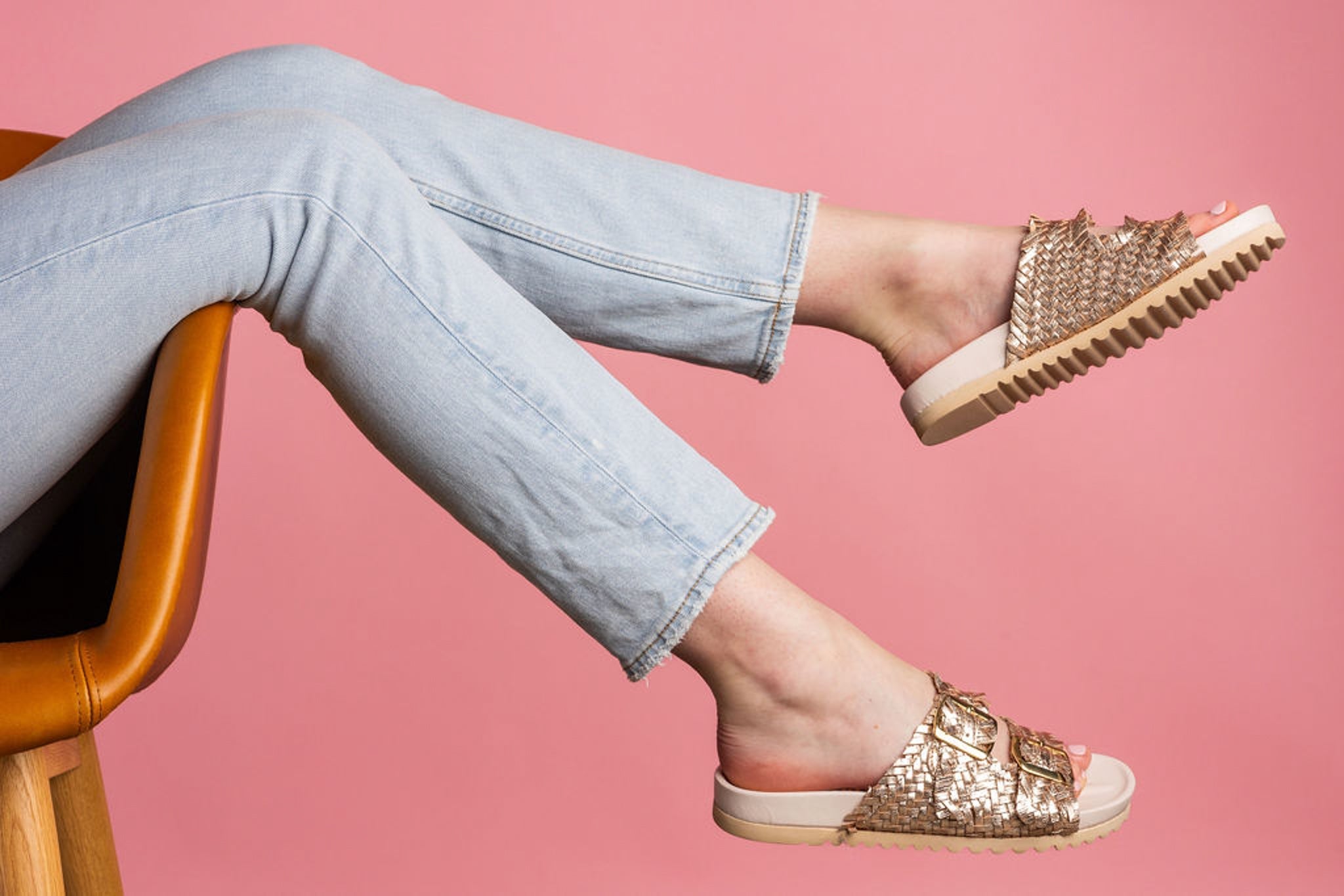 Intertwine Dual Strap Slide Champagne Woven Leather Sandal Naughty Monkey