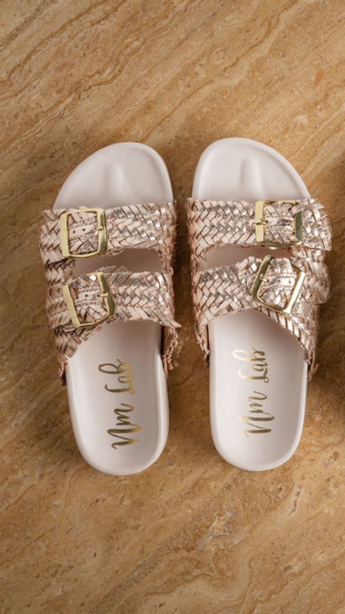 Intertwine Dual Strap Slide Champagne Woven Leather Sandal Naughty Monkey