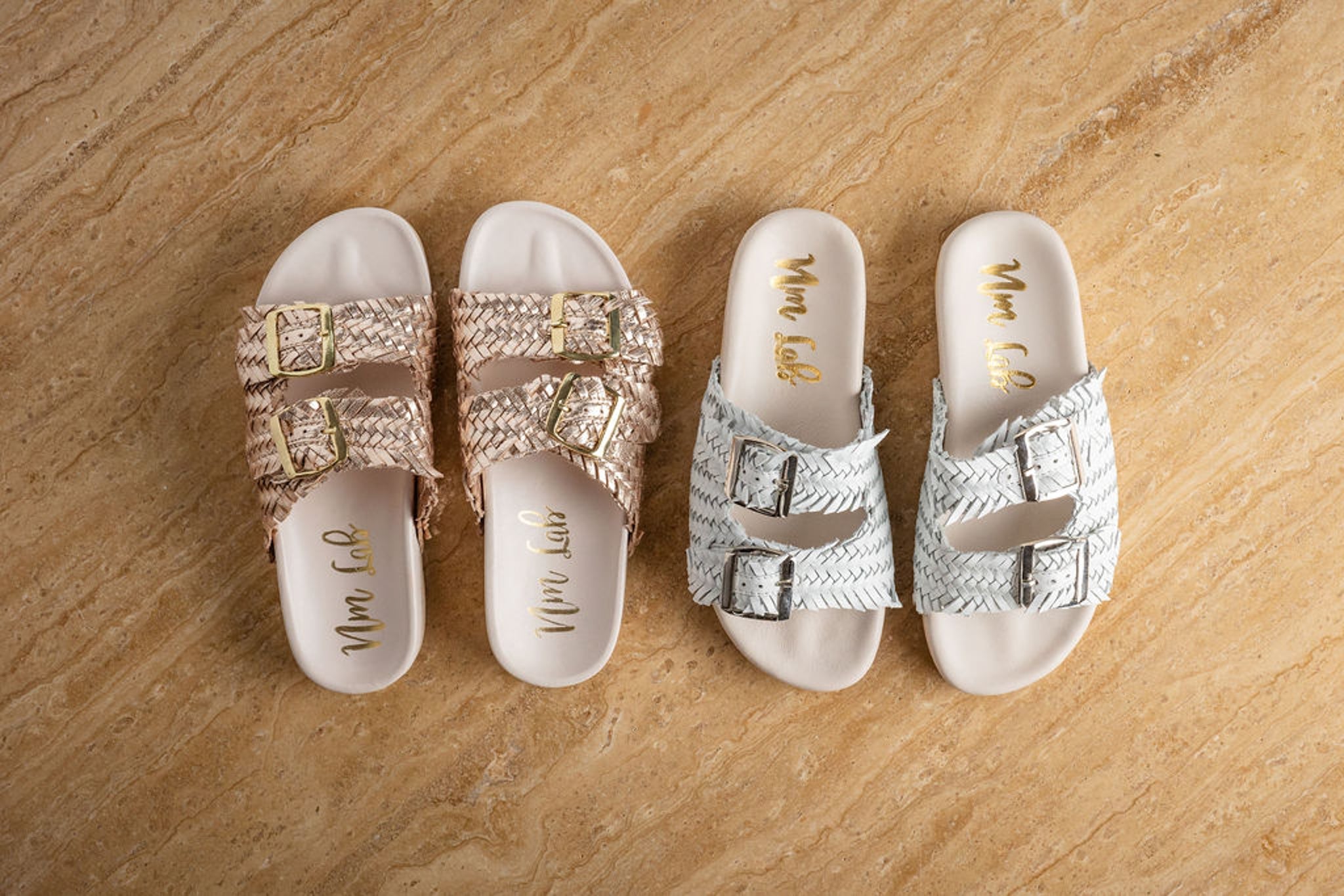 Intertwine Dual Strap Slide Champagne Woven Leather Sandal Naughty Monkey