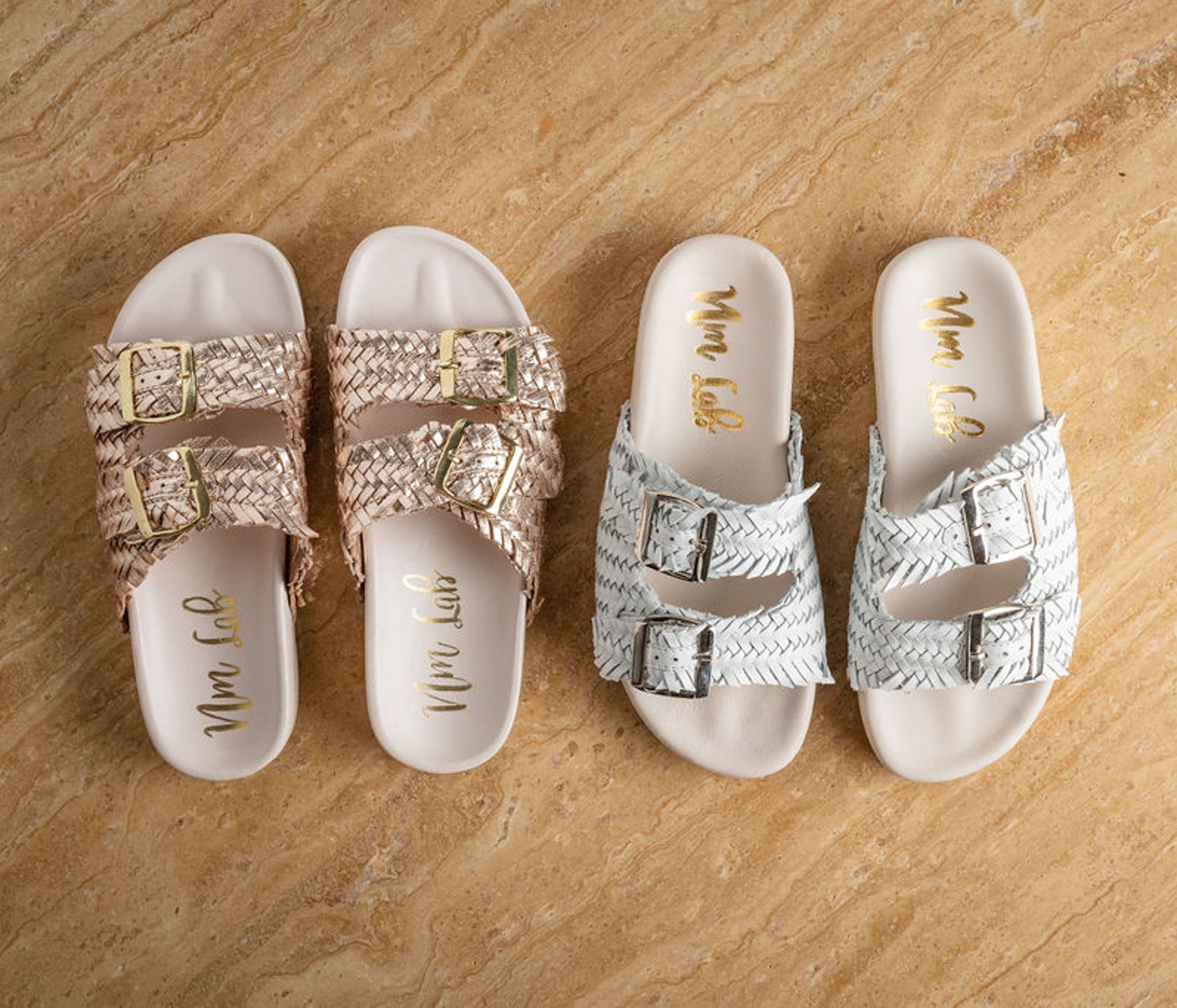 Intertwine Dual Woven Strap Slide White Leather Comfort Naughty Monkey