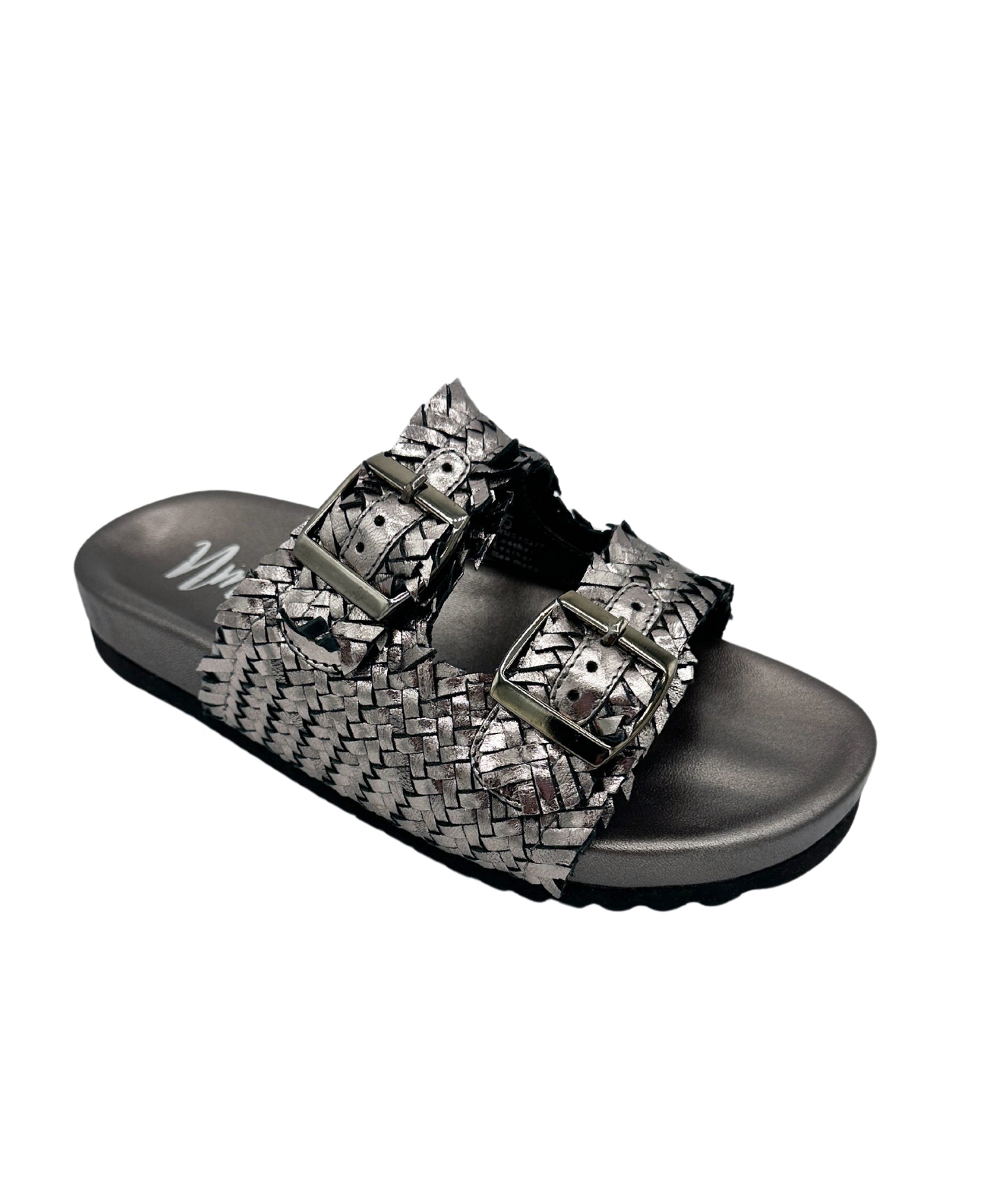 Intertwine Dual Woven Strap Slide Pewter Metallic Sandal Naughty Monkey