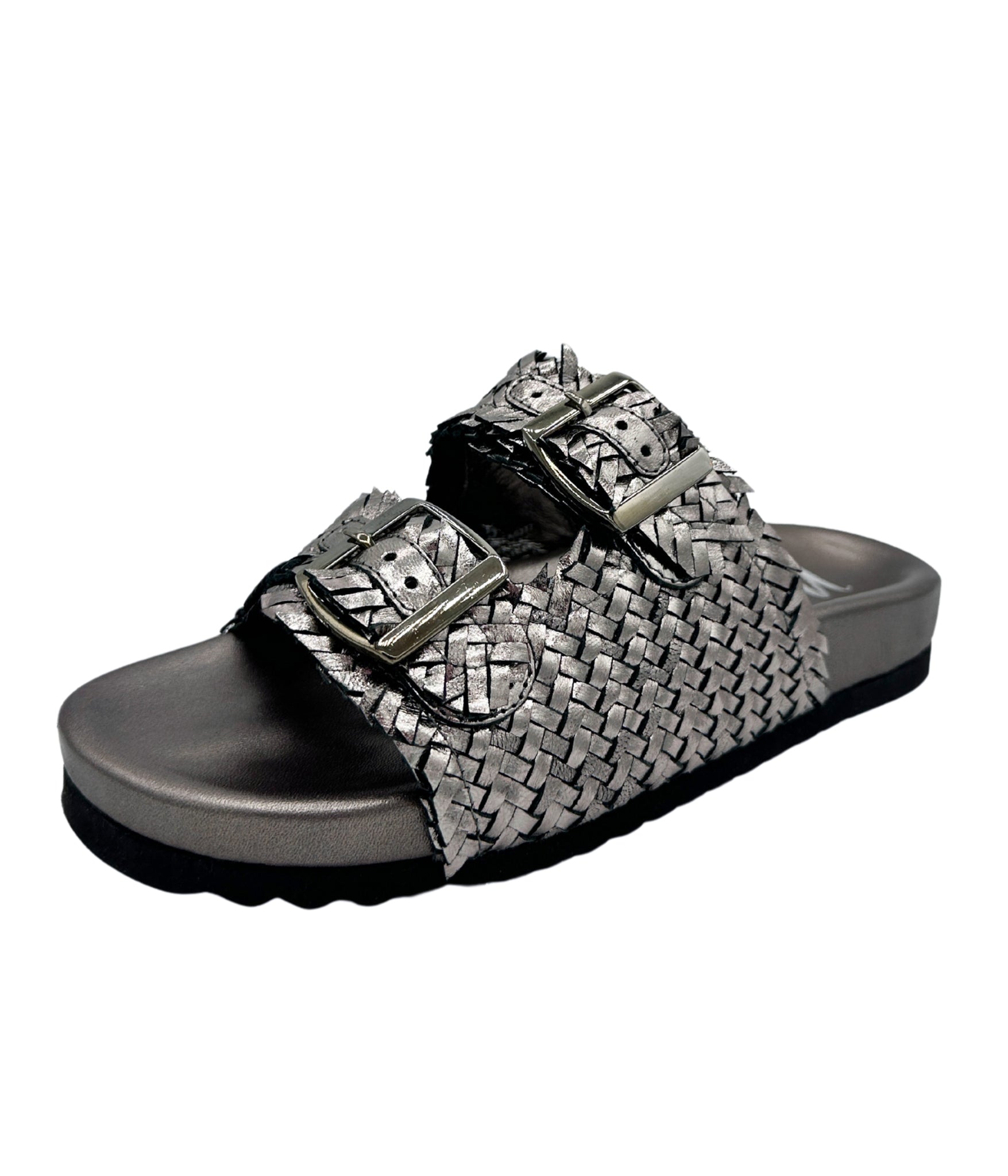 Intertwine Dual Woven Strap Slide Pewter Metallic Sandal Naughty Monkey
