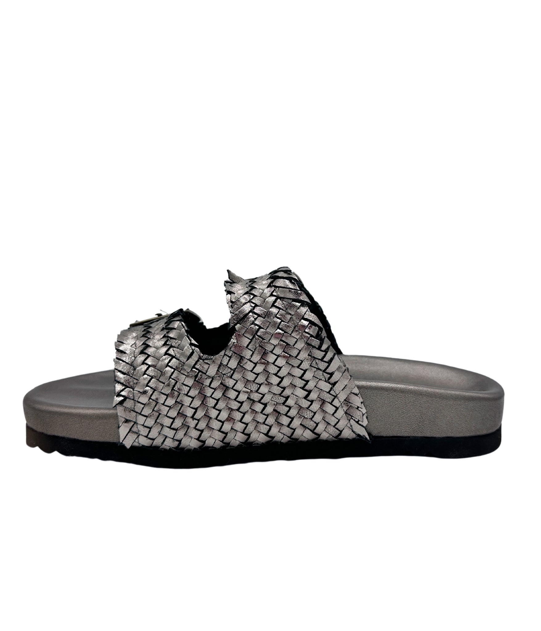 Intertwine Dual Woven Strap Slide Pewter Metallic Sandal Naughty Monkey