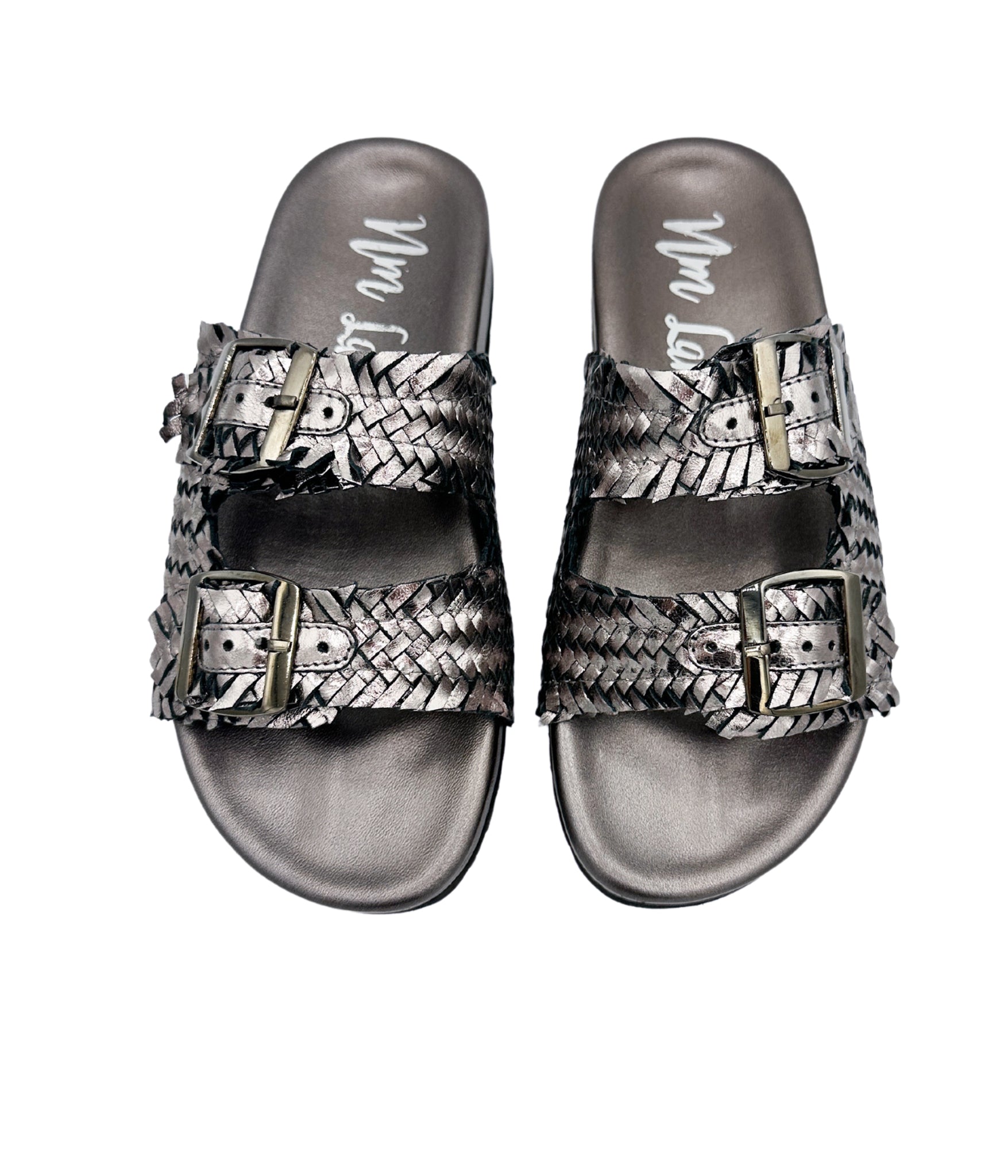 Intertwine Dual Woven Strap Slide Pewter Metallic Sandal Naughty Monkey