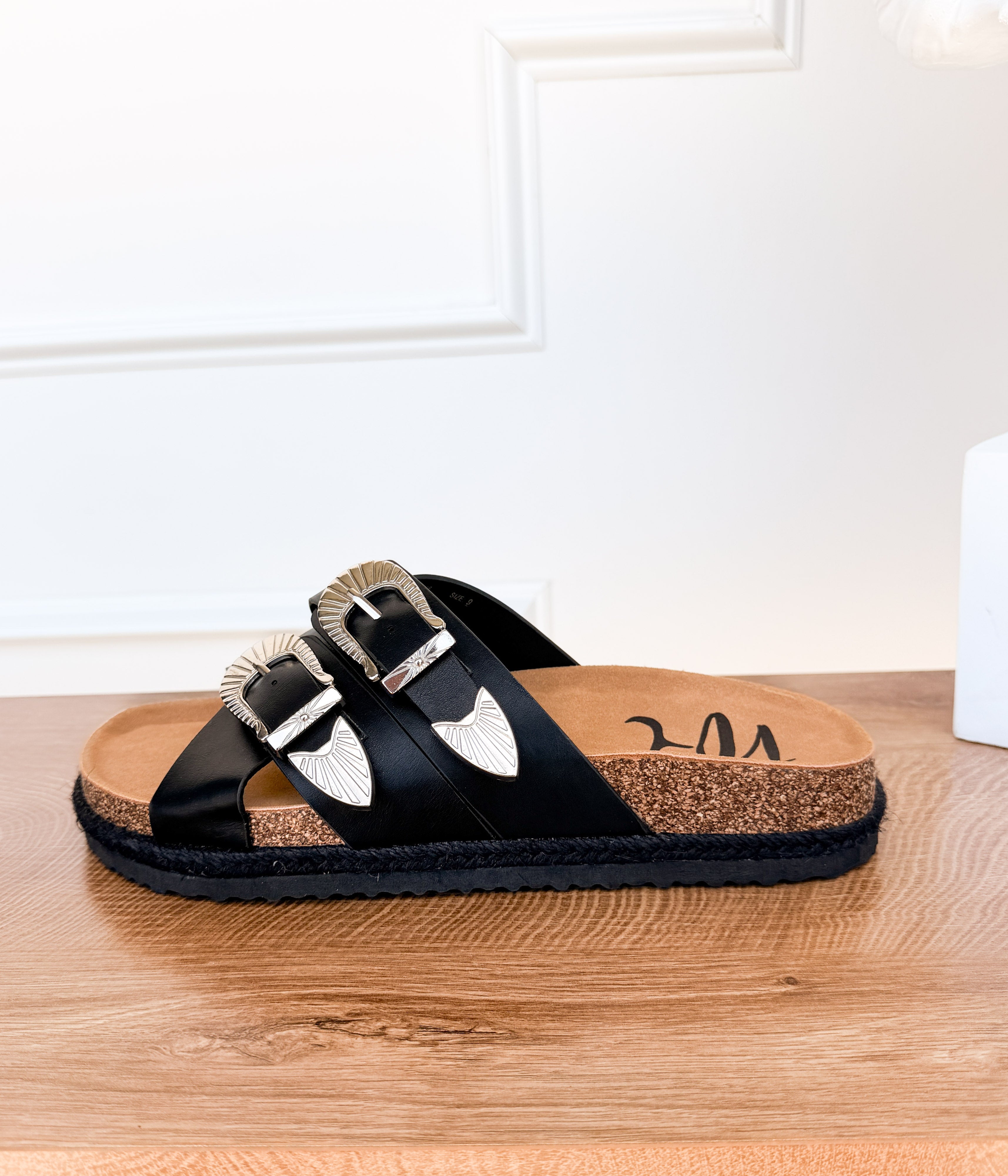 Iris Double Buckle Sandal Black Faux Leather With Western Buckles