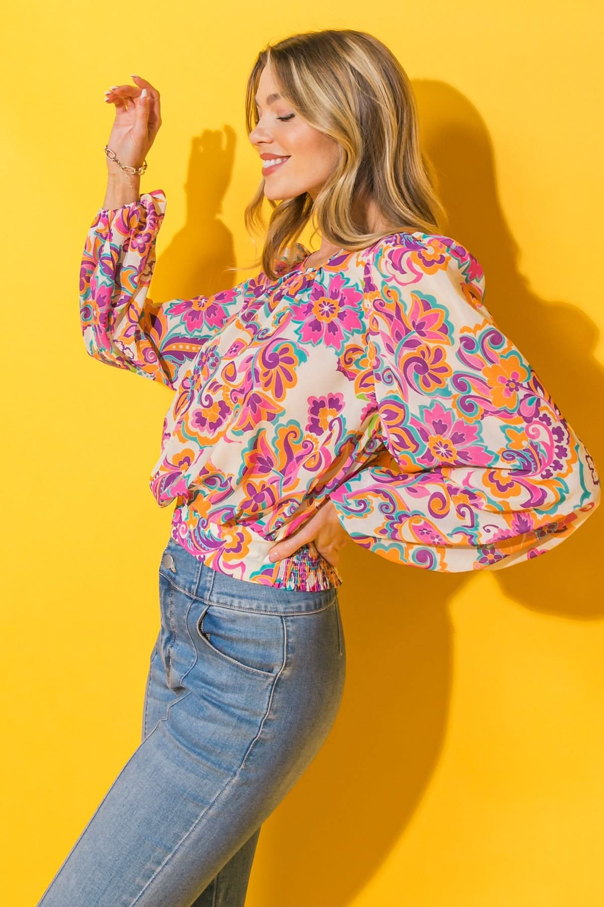 Floral Print Peasant Sleeve Woven Top