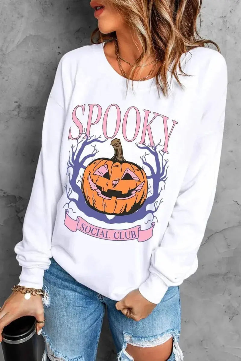 Jack-O'-Lantern Round Neck Long Sleeve Sweatshirt - Love Salve 