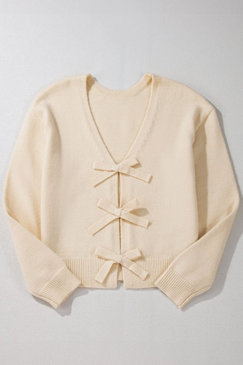 Jet Stream Bowknot Front Loose V Neck Knitted Cardigan - Love Salve 