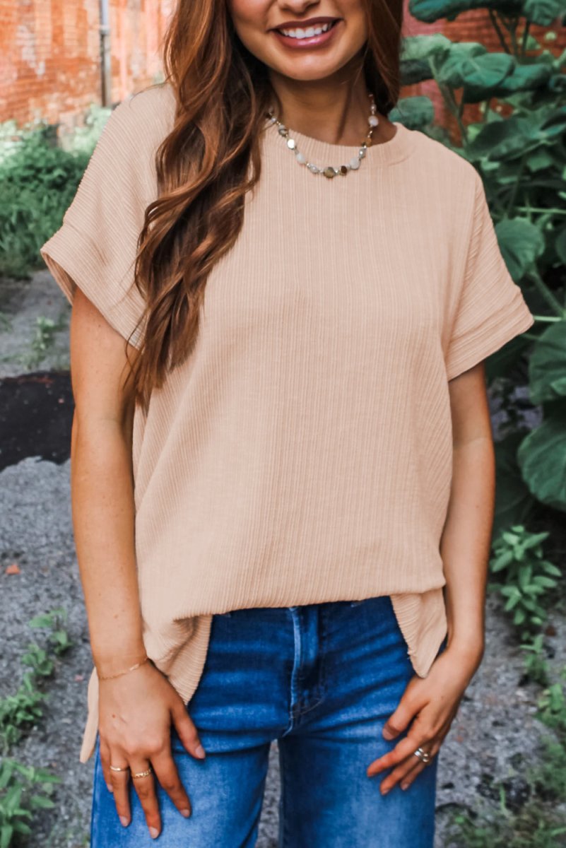Jet Stream Textured Knit Round Neck Short Sleeve Top for Summer - Love Salve