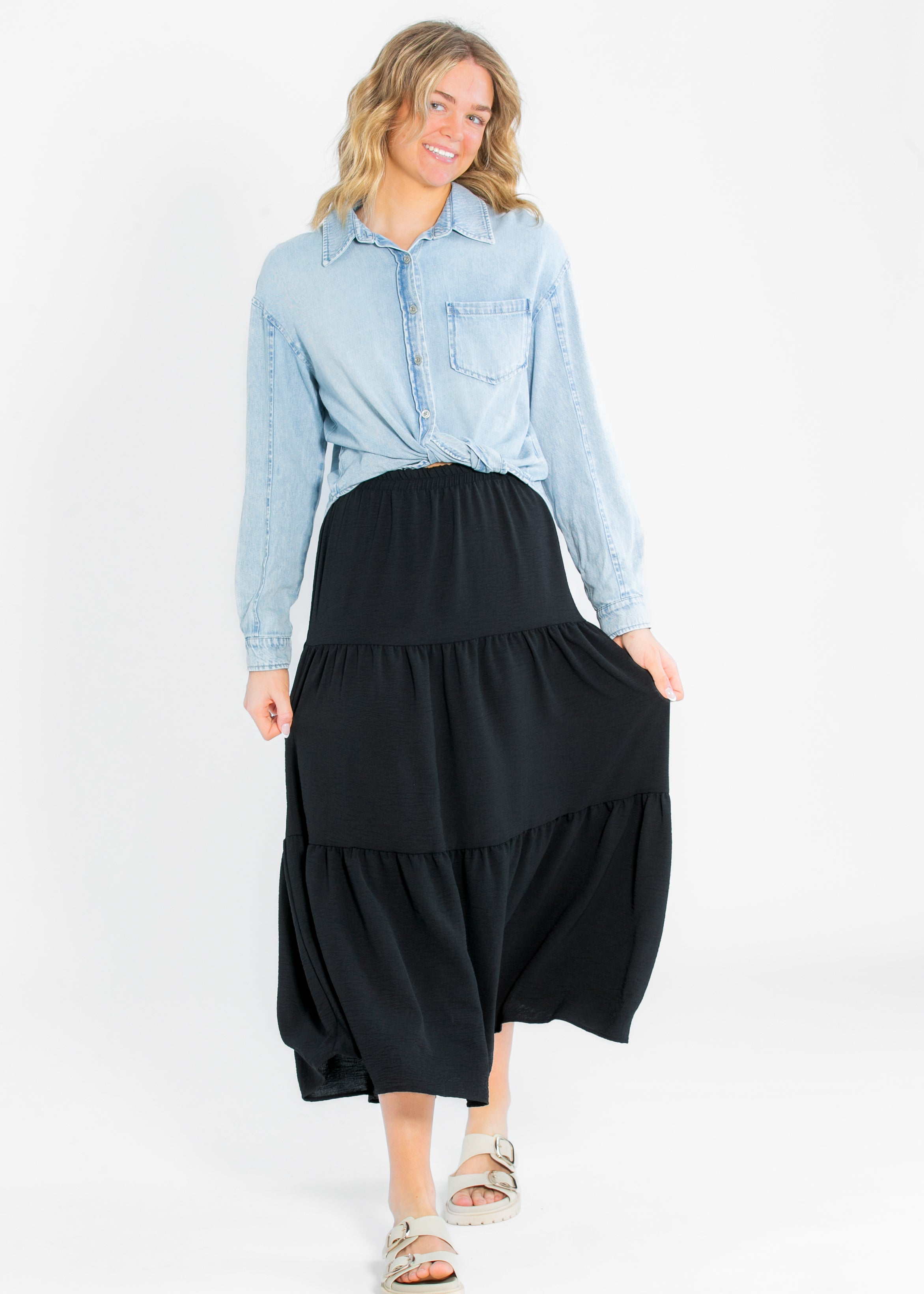 Jill Stretch Waist Tiered Maxi Skirt Inherit Co.