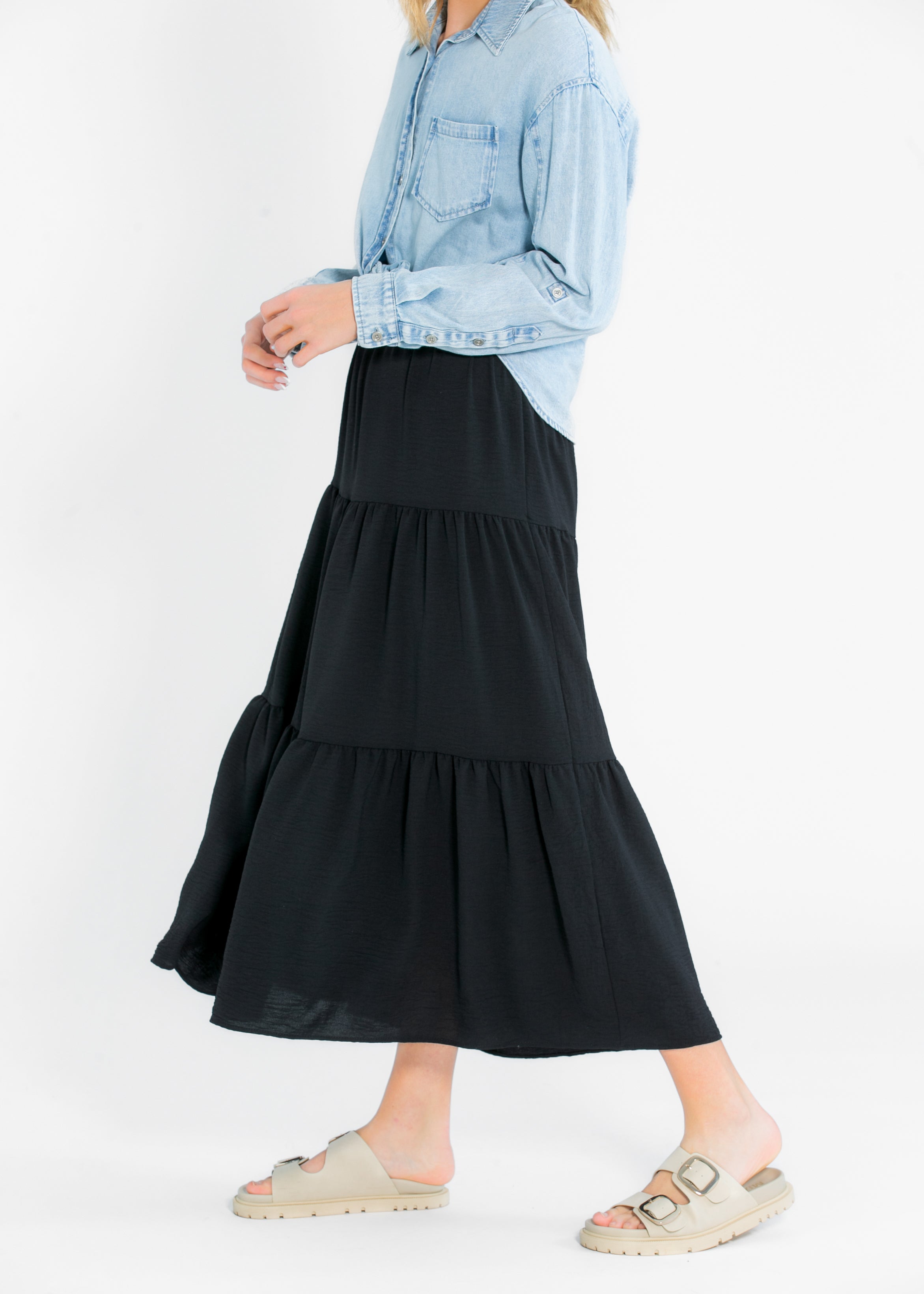 Jill Stretch Waist Tiered Maxi Skirt Inherit Co.
