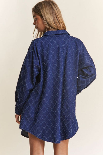 J.NNA Rhombus Stitched Button Up Denim Shacket - Love Salve 