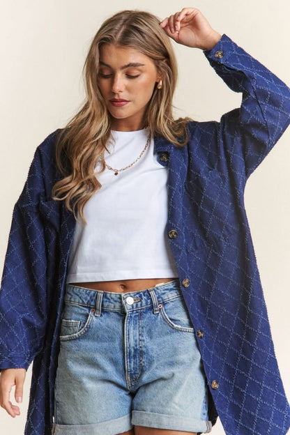 J.NNA Rhombus Stitched Button Up Denim Shacket - Love Salve 