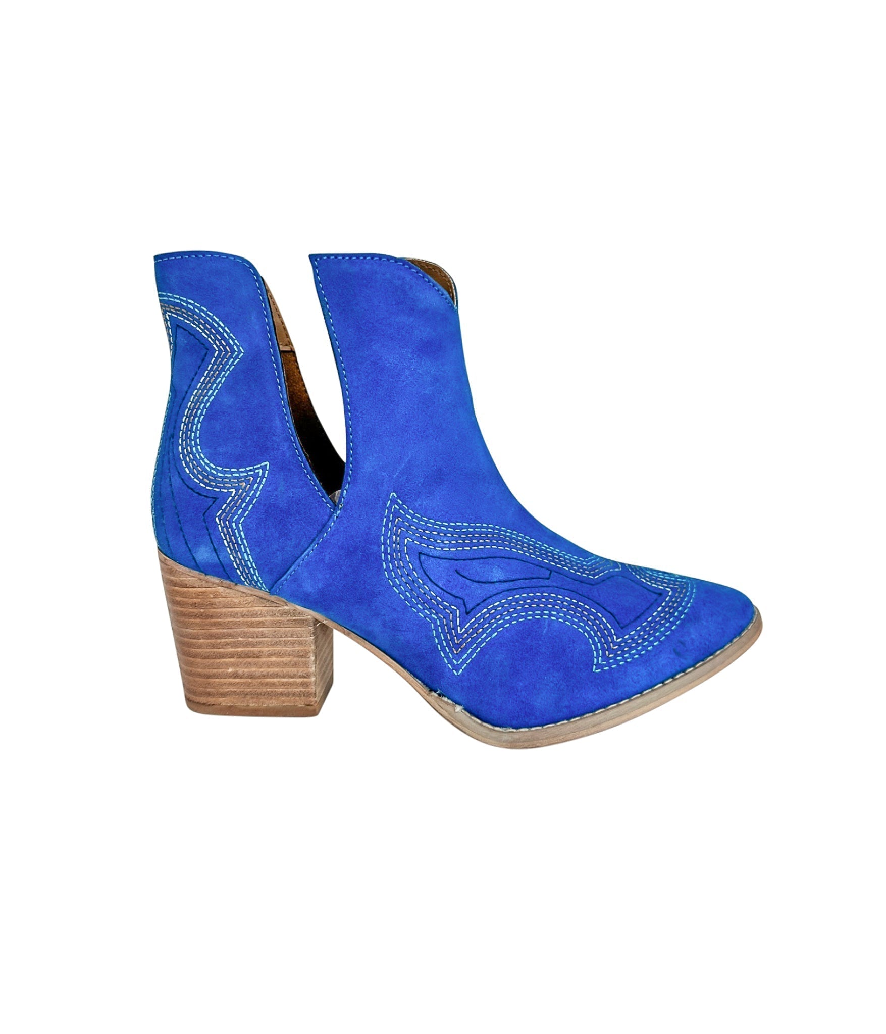 Journee Suede Ankle Boots Blue Western Stitch Cutout Heel Naughty Monkey