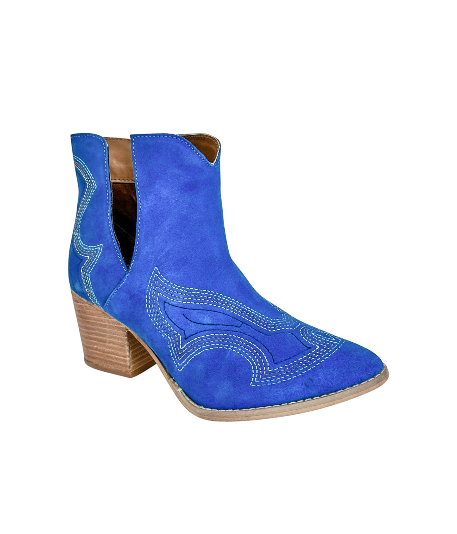 Journee Suede Ankle Boots Blue Western Stitch Cutout Heel Naughty Monkey