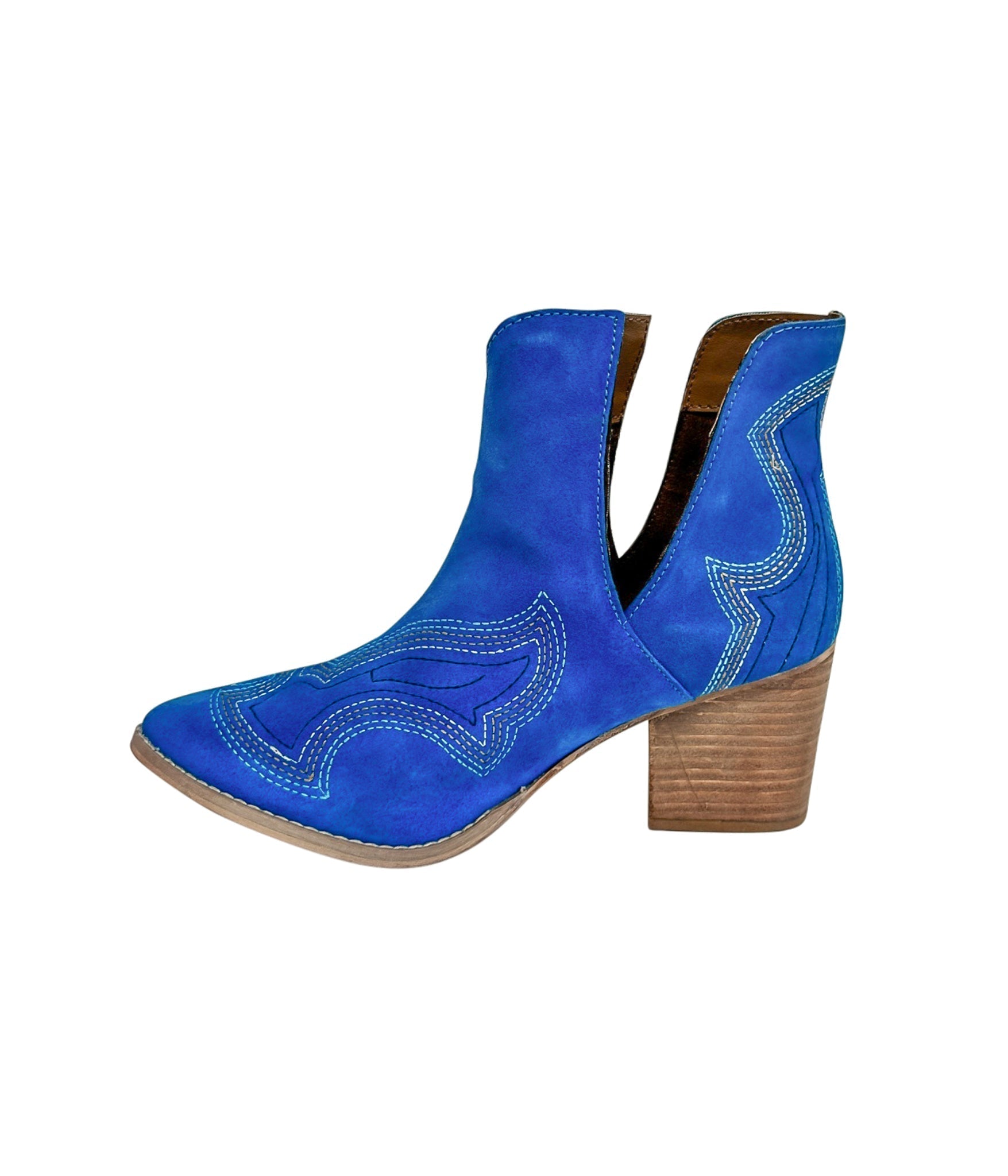 Journee Suede Ankle Boots Blue Western Stitch Cutout Heel Naughty Monkey