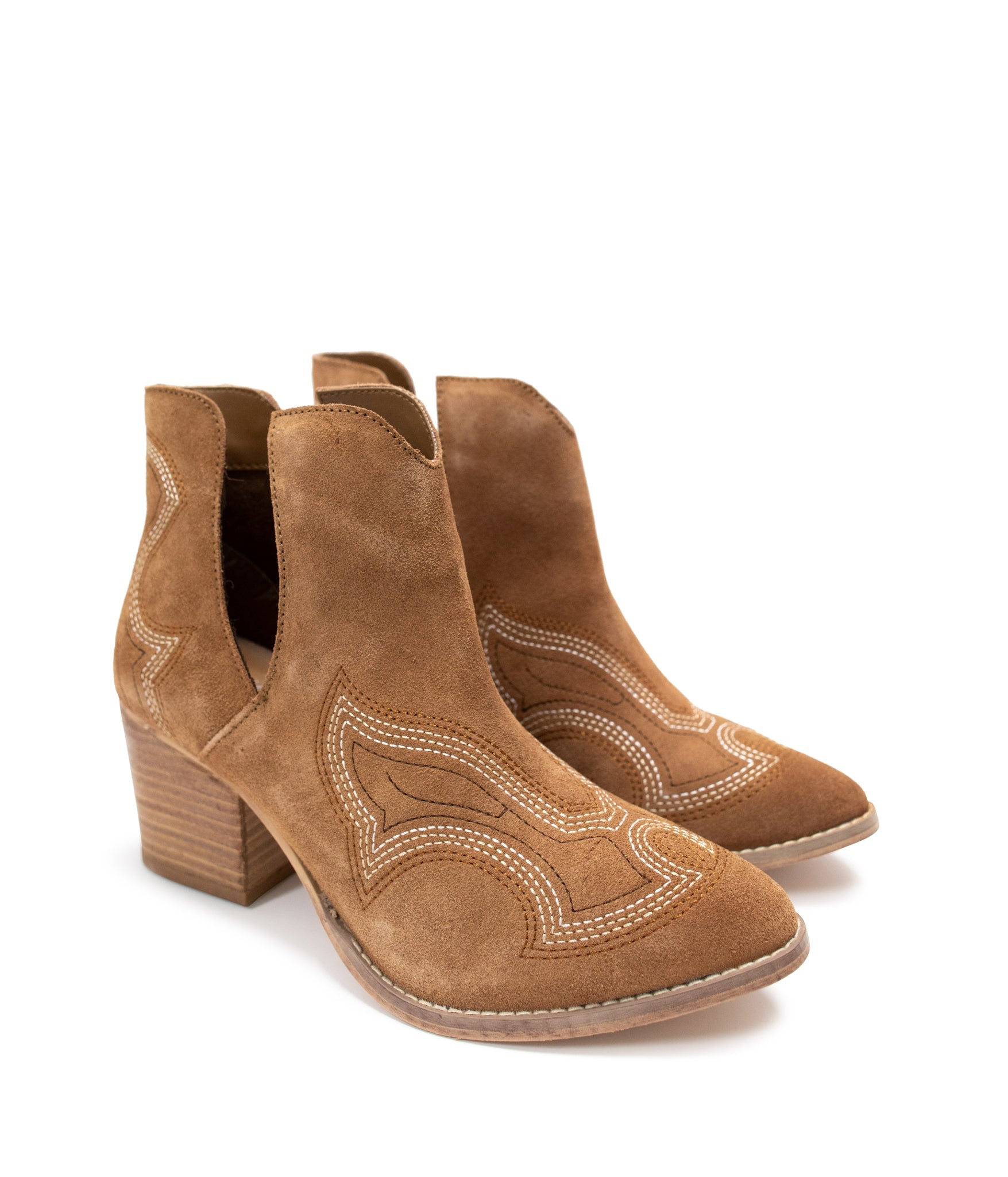 Journee Tan Suede Ankle Boots With Western Stitch Detail Naughty Monkey
