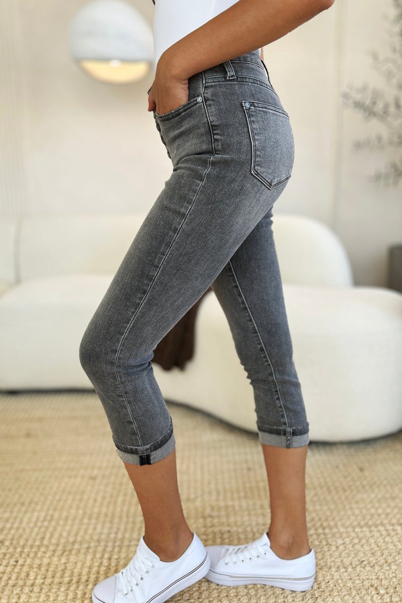 Judy Blue Full Size Button Fly High Waist Cuffed Capris - Love Salve 