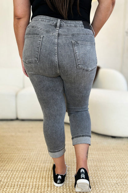 Judy Blue Full Size Button Fly High Waist Cuffed Capris - Love Salve 
