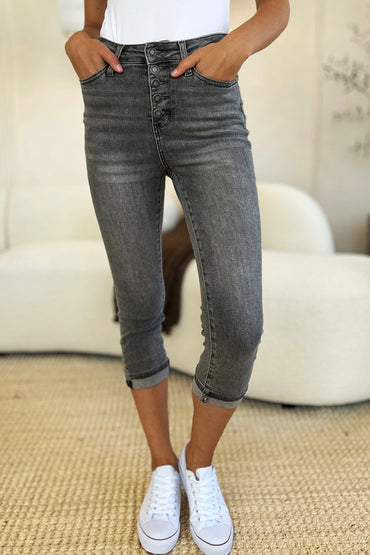 Judy Blue Full Size Button Fly High Waist Cuffed Capris - Love Salve 