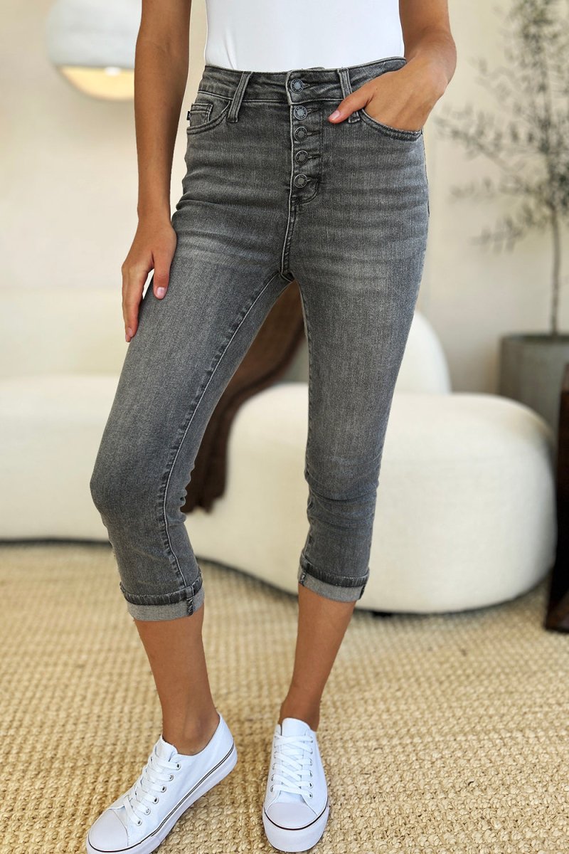 Judy Blue Full Size Button Fly High Waist Cuffed Capris - Love Salve 